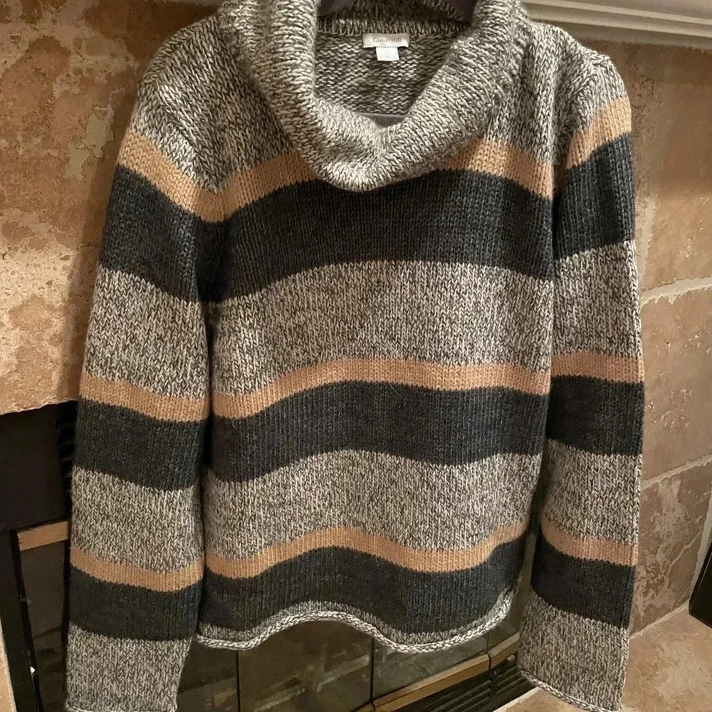 Garnet Hill Wool Alpaca boxy grey gold striped cowl turtleneck sweater